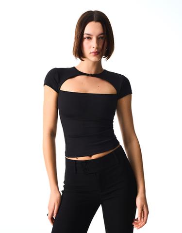 Short sleeve cut-out polyamide T-shirt — Black 1