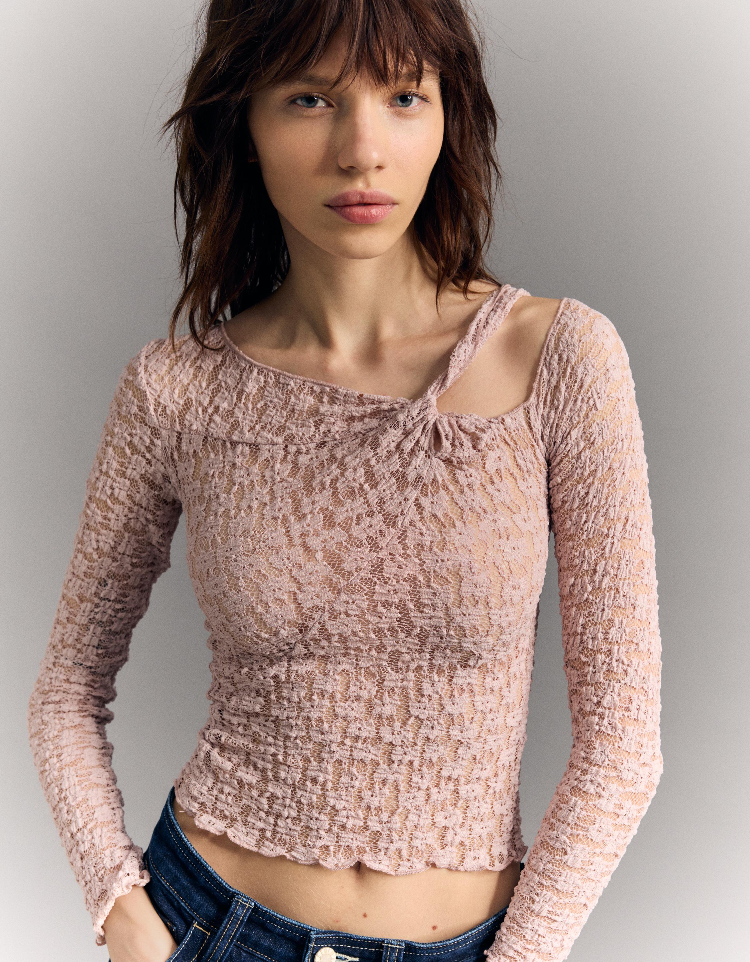 Bershka Asymmetrisches Langarmshirt Damen S Rosa