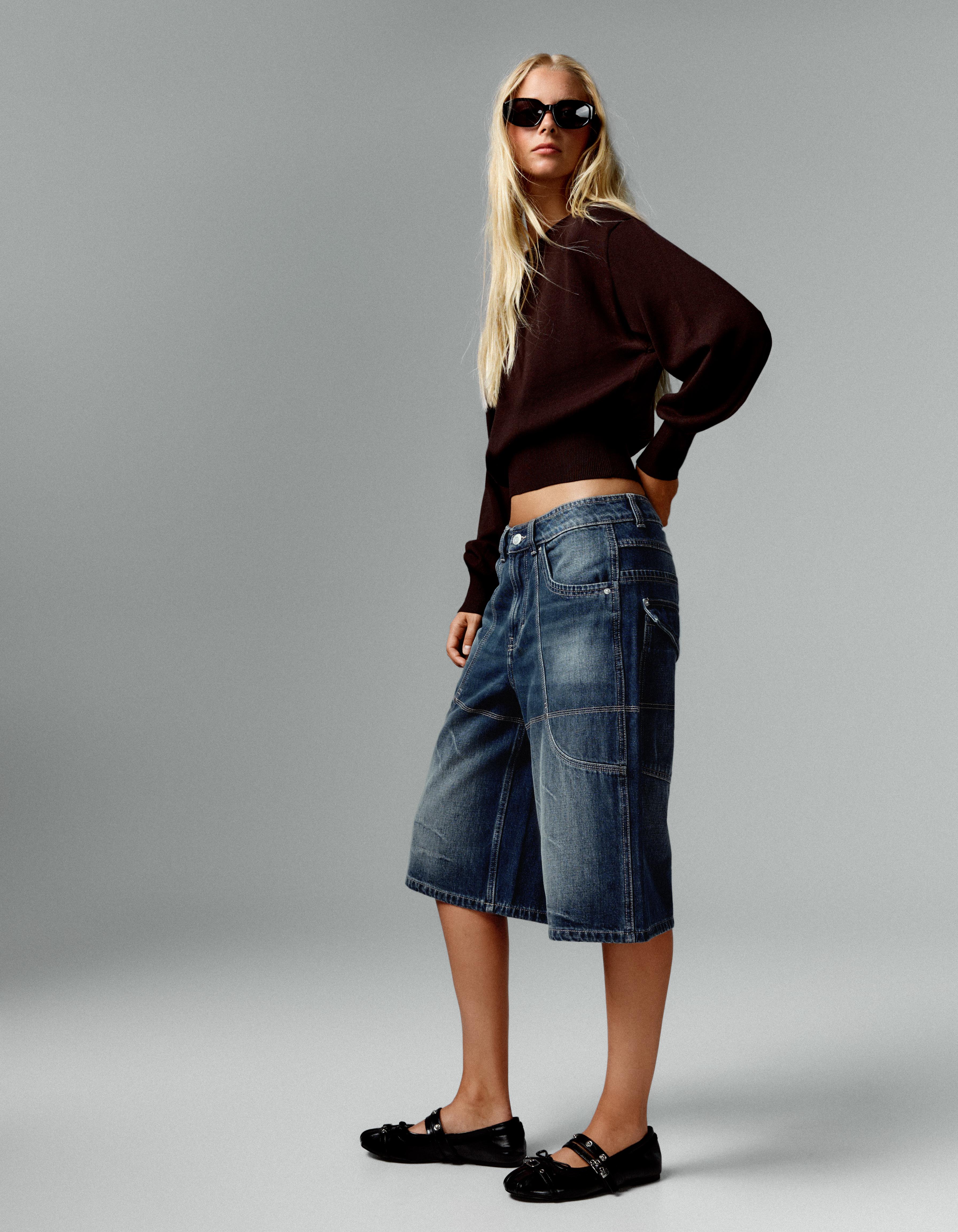 Long denim Bermuda shorts with pocket detail — Dark blue