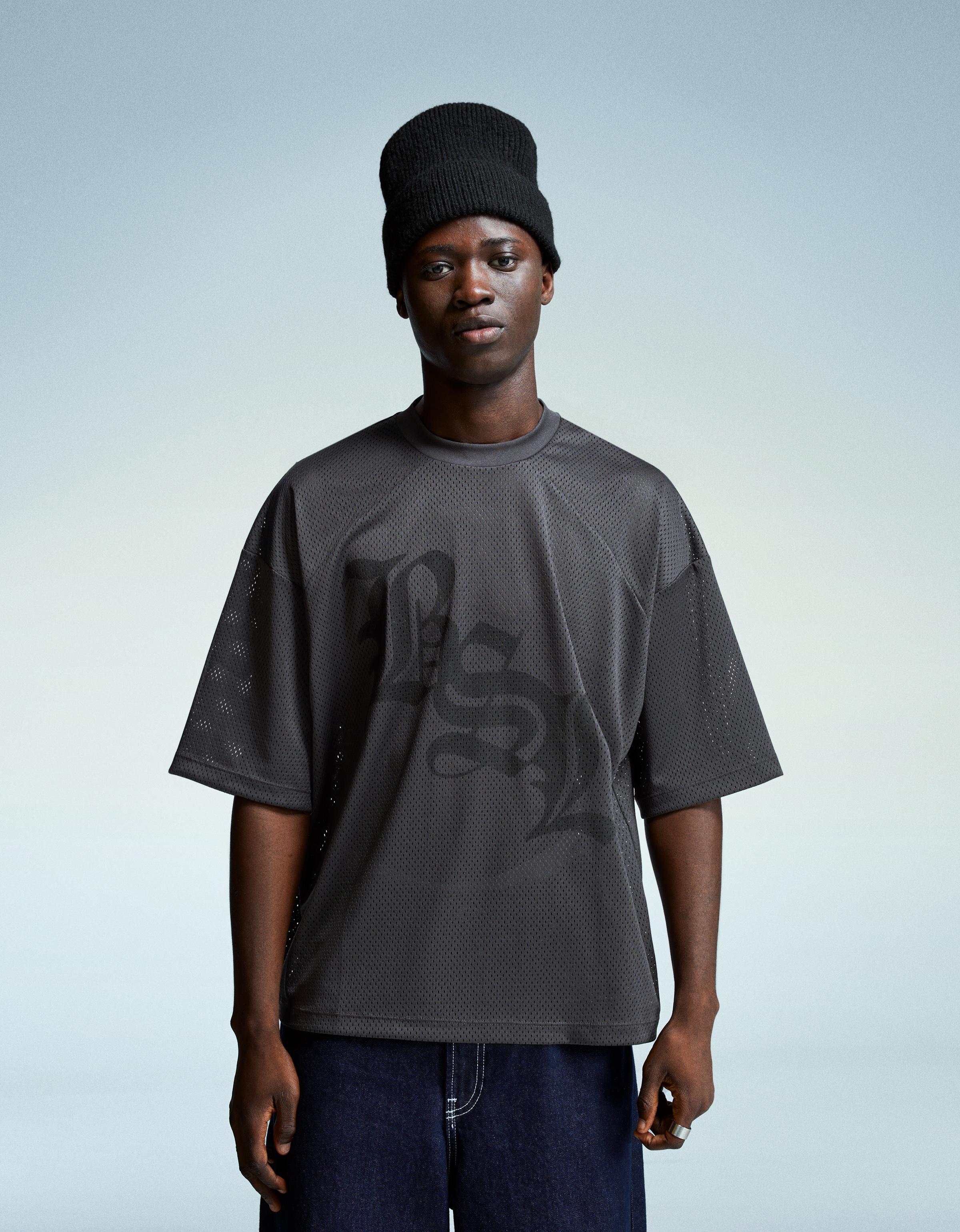 Bershka T-Shirt Mit Mesh Und Kurzen Ärmeln Herren M Grau