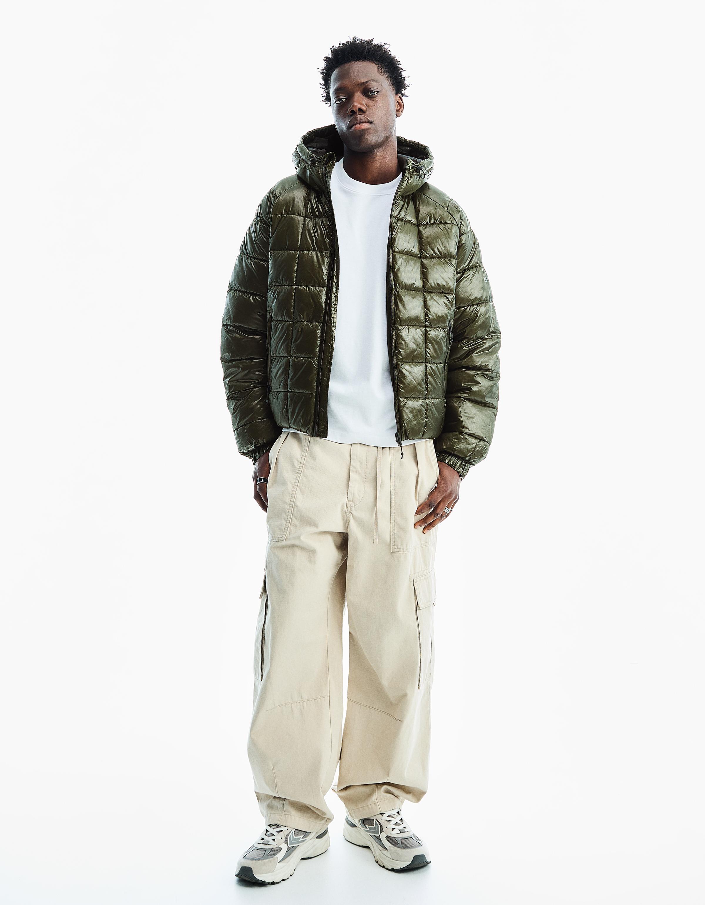 Hooded grid puffer jacket — Khaki
