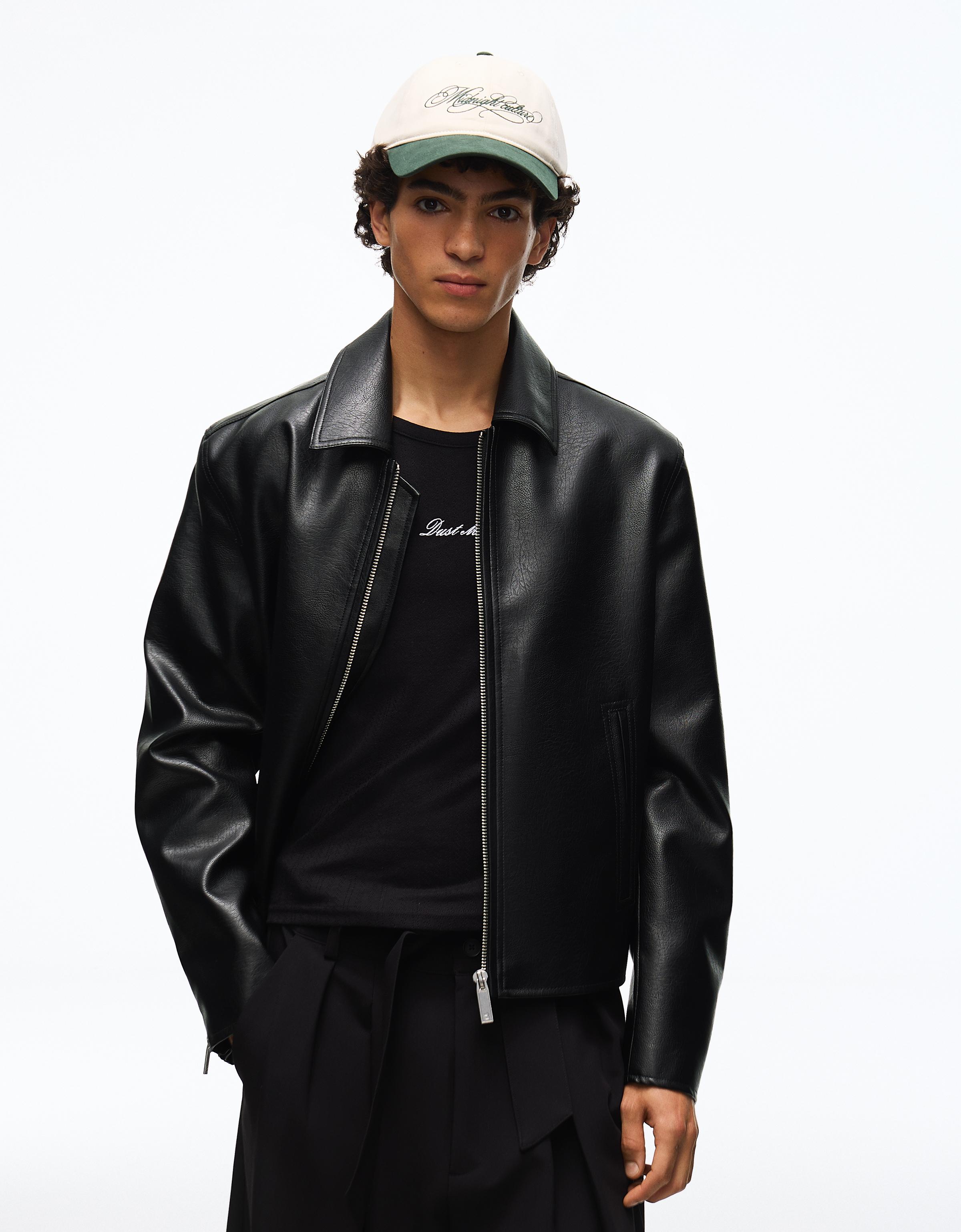 Bershka Cazadora Boxy Efecto Piel Hombre Negro