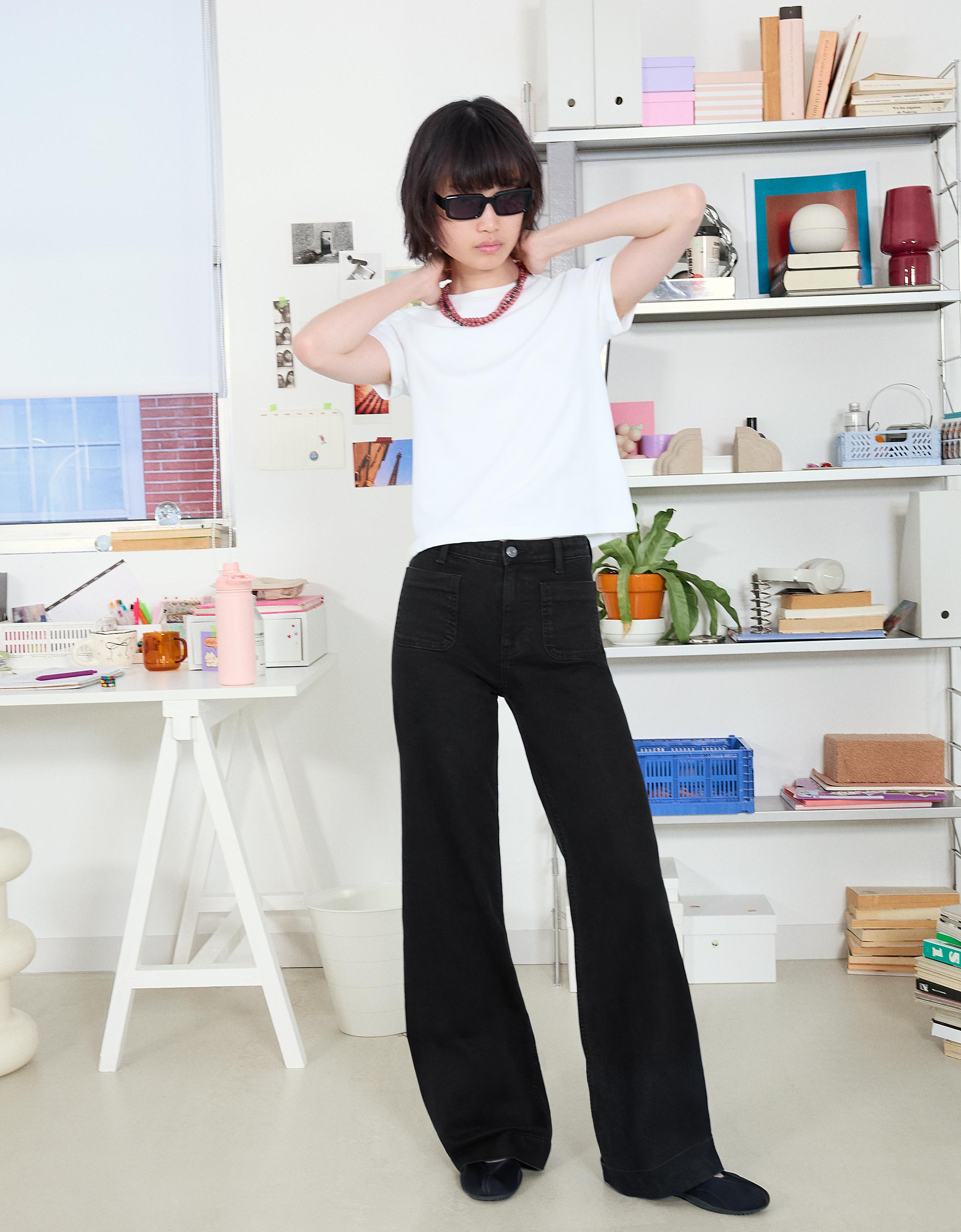 Yüksek bel dikişsiz cepli geniş paça jean - Görsel 16