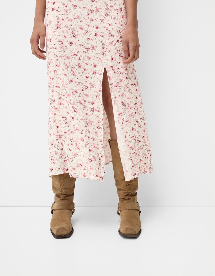 فستان كريب مطبوع متوسط الطول-زهري-3