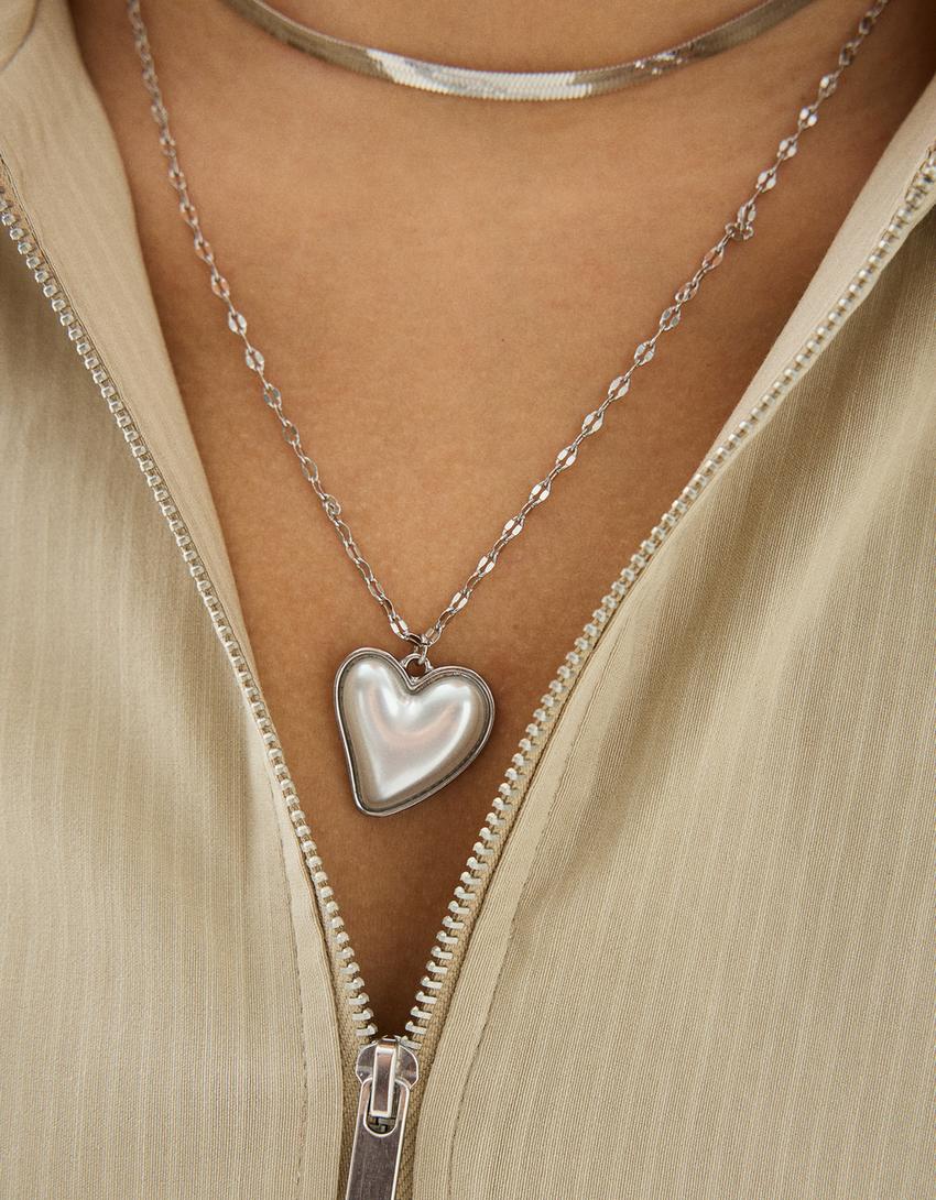 طقم من 2 عقود من اللؤلؤ الصناعي على شكل قلب وثعبان-فضي-1