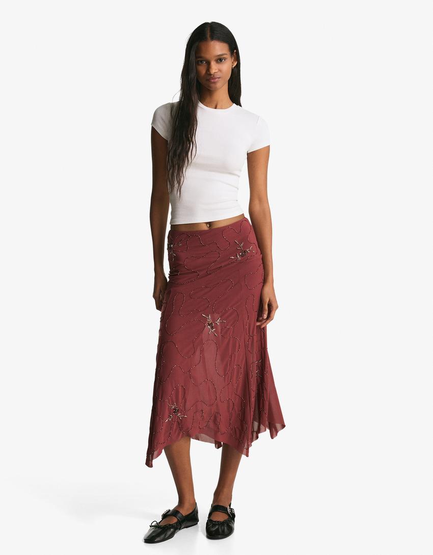 تنورة ميدي غير متماثلة بتطريز لامع-بنفسجي