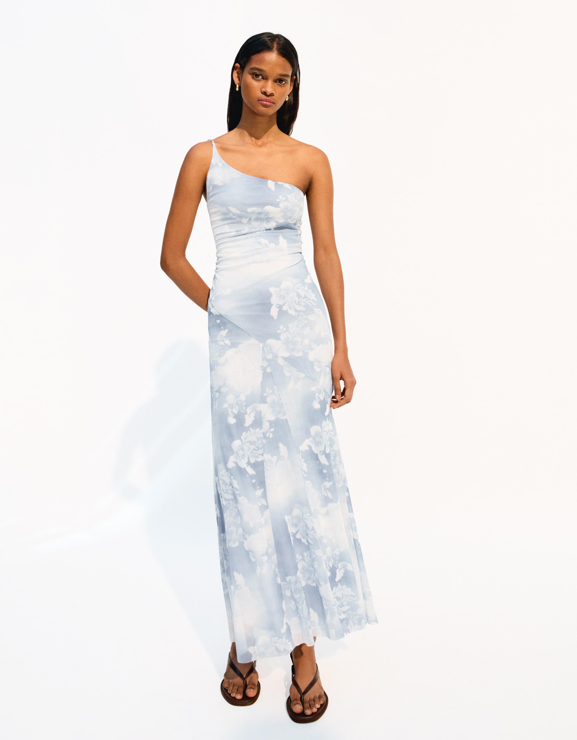 Bershka Asymmetrisches Maxikleid Aus Tüll Mit Print Damen L Blau