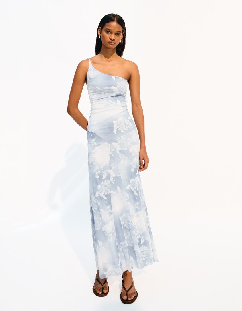 Robe maxi tulle asymétrique imprimée-Bleu-0