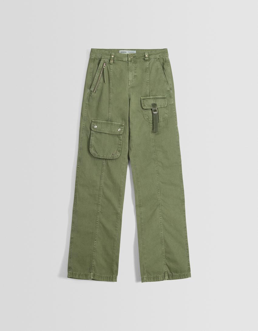 بنطال كارغو قطني بخصر منخفض وشريط-كاكي-4