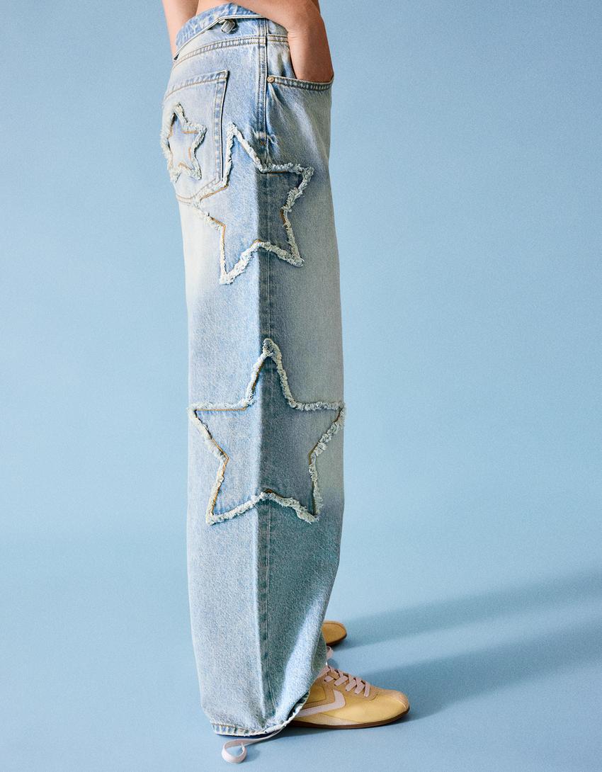 Jeans boyfriend taille basse étoiles-Bleu lavé