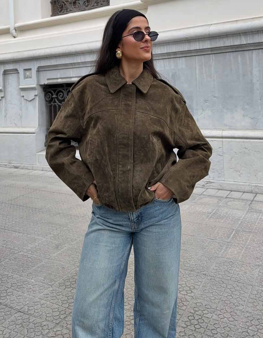 Blouson cuir daim-Kaki