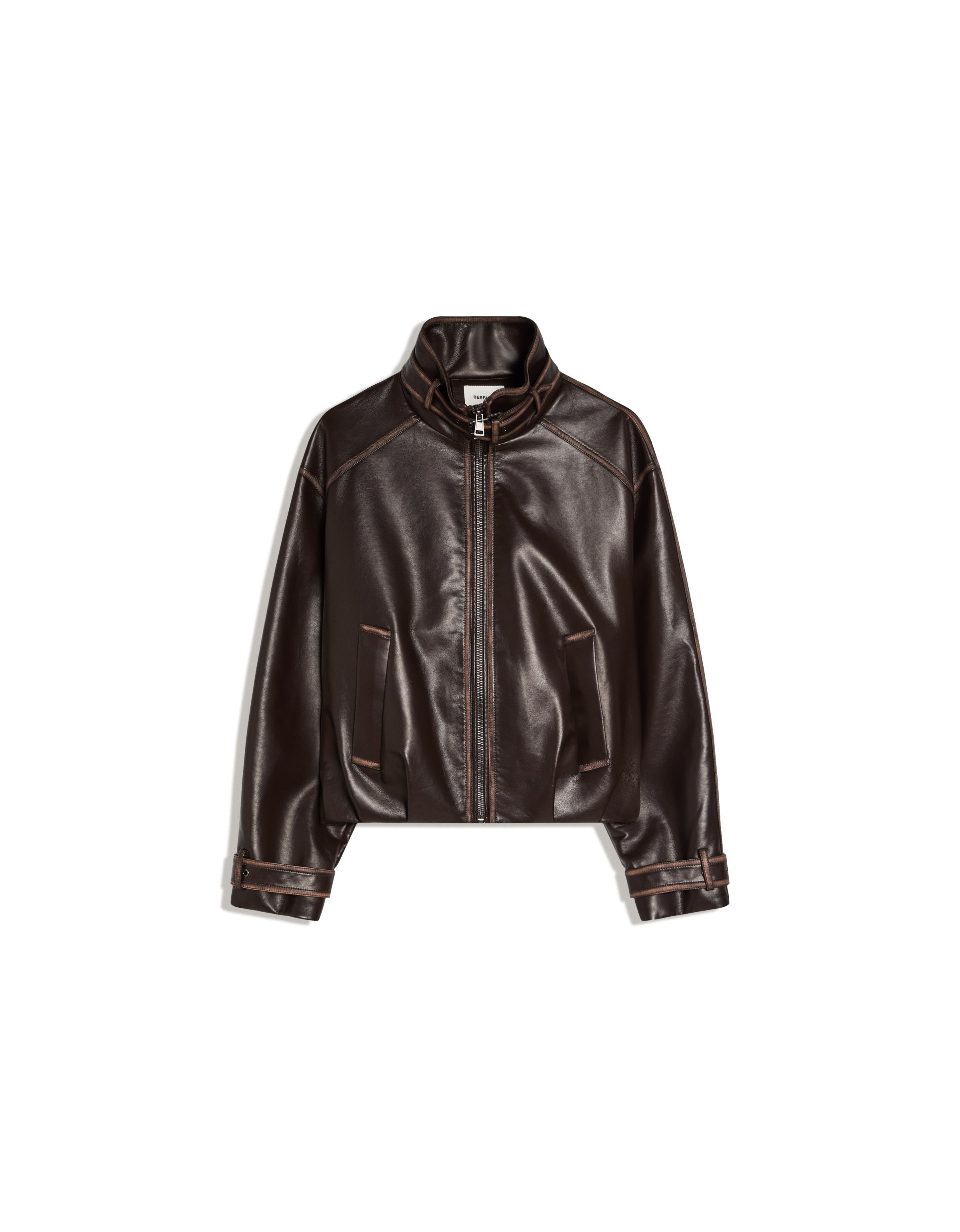Leather effect funnel neck jacket — Brown