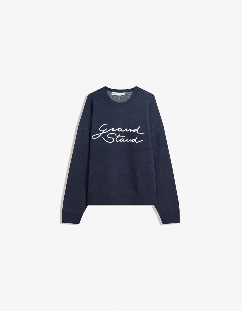 Embroidered jacquard sweater-Navy