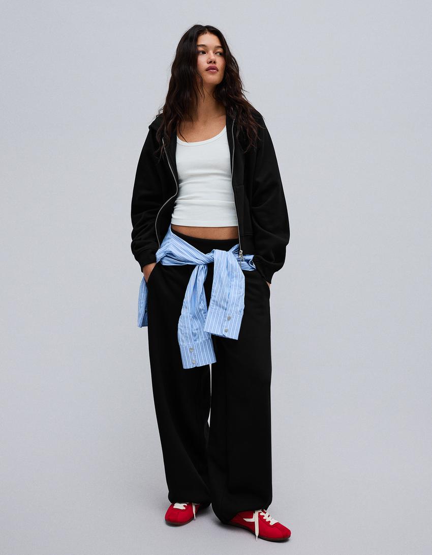 Plush zip-up hoodie-Black