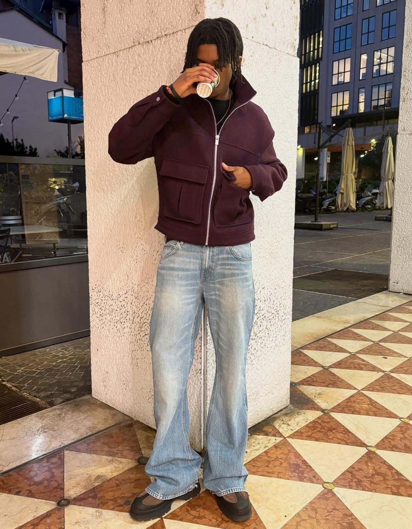 Felt texture jacket with zip-Burgundy