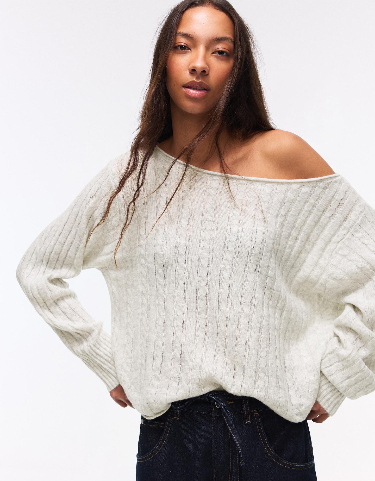 Bershka sweter ze splotem warkoczowym szary