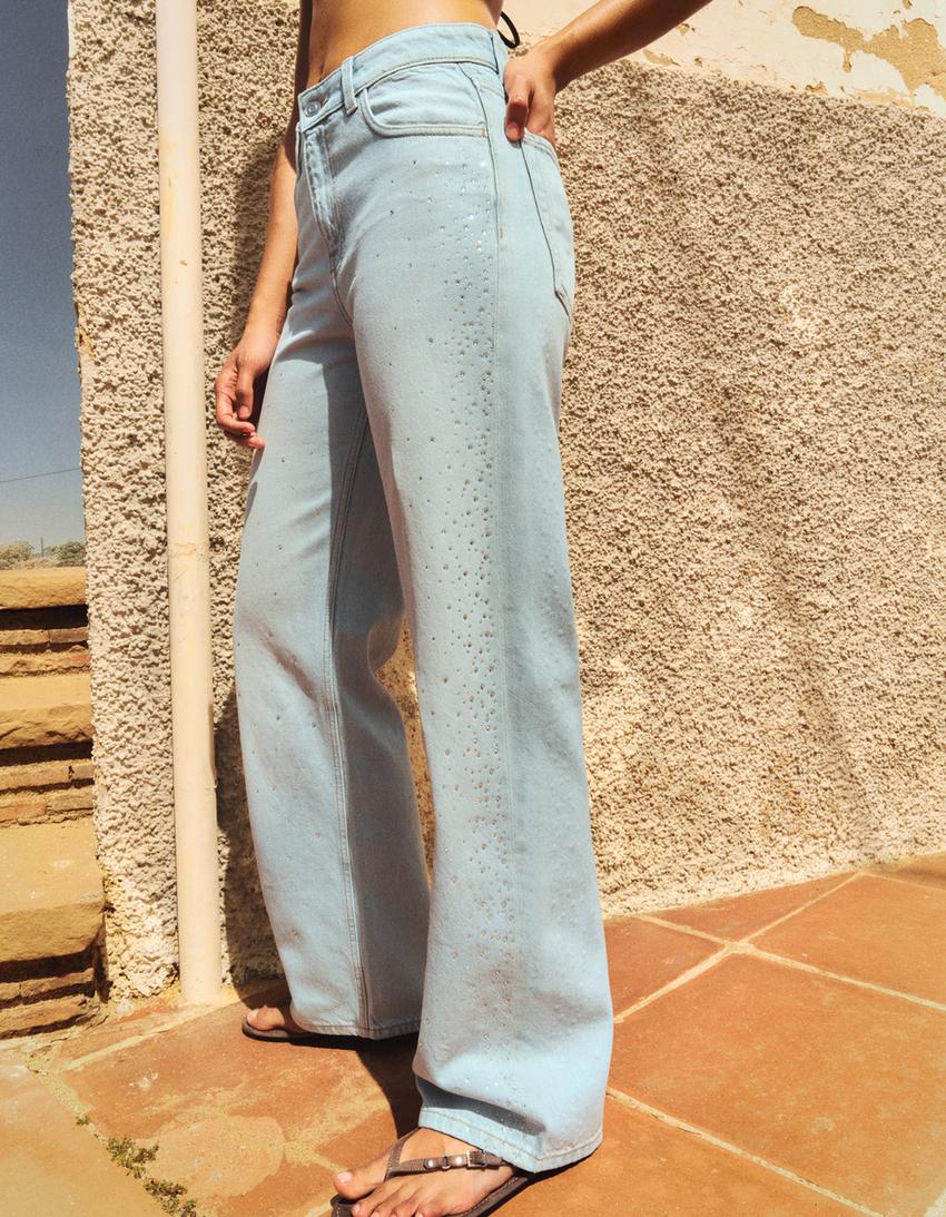 Shimmery high-waist straight-leg jeans-Light blue