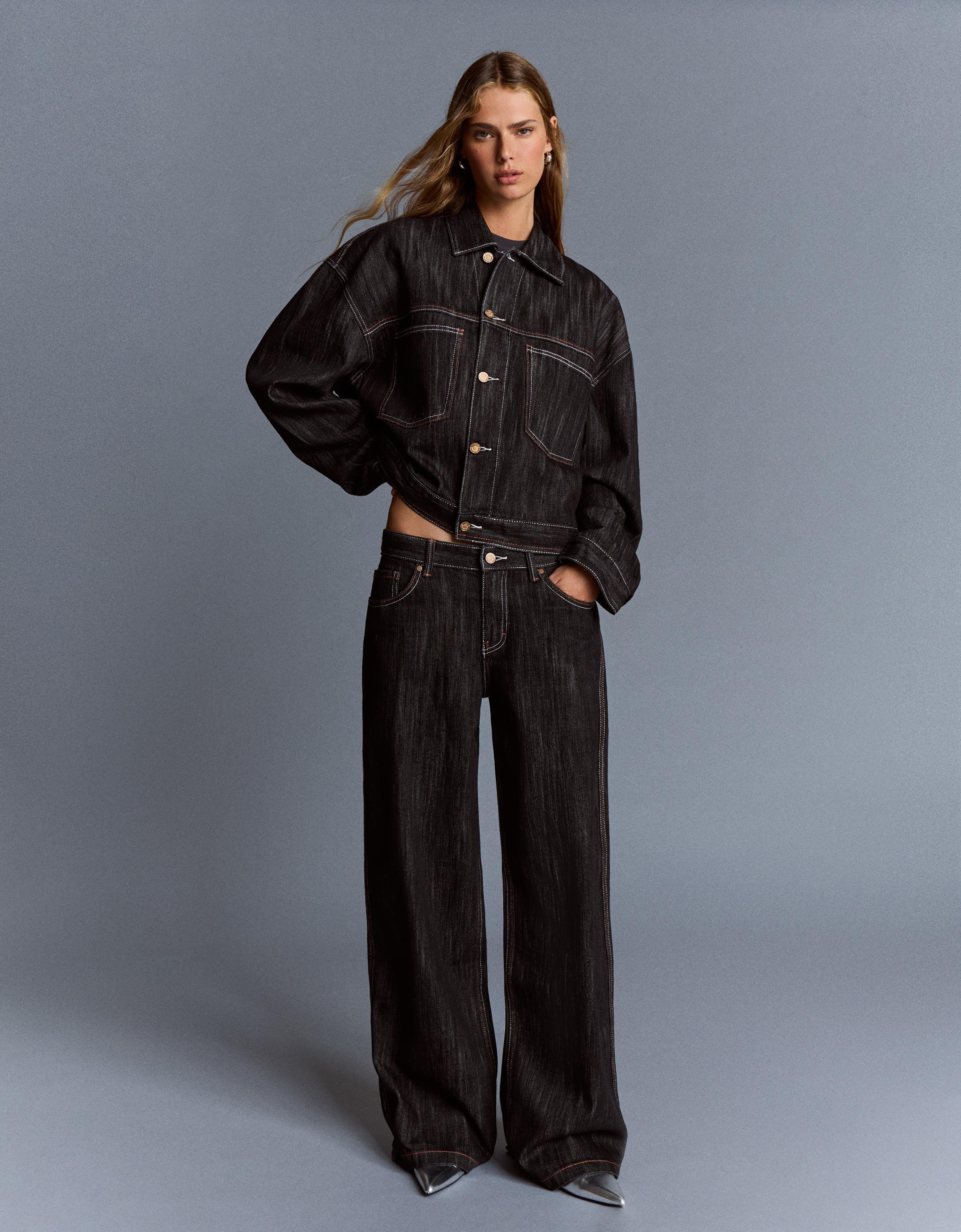 Bershka Jacquard Boyfriend Jeans Damen 42 Schwarz