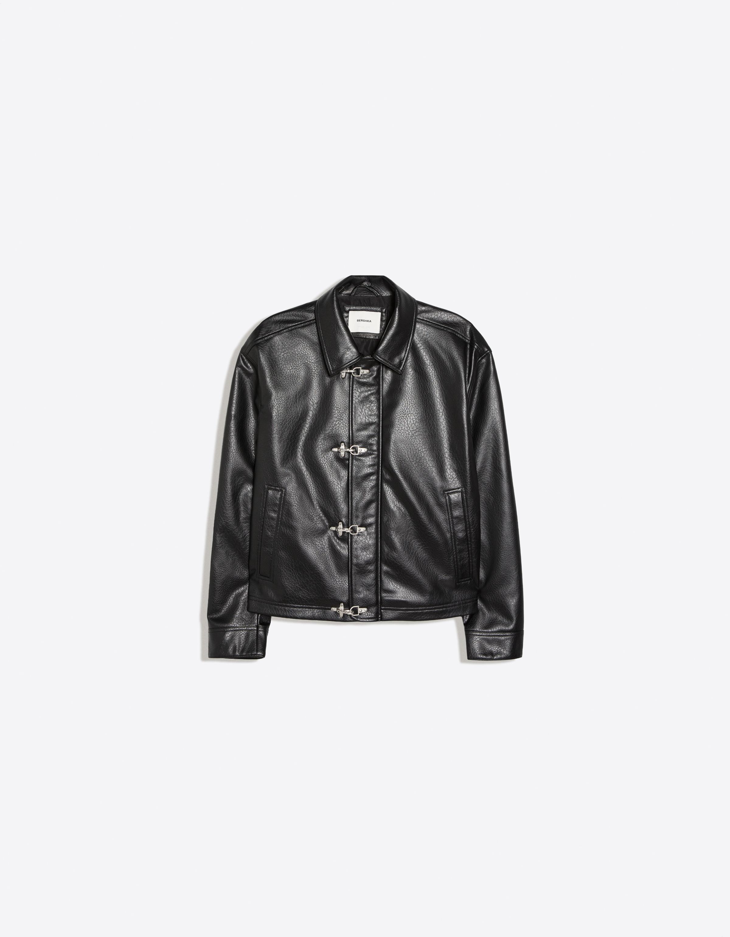 Leather effect jacket with clasps — Black