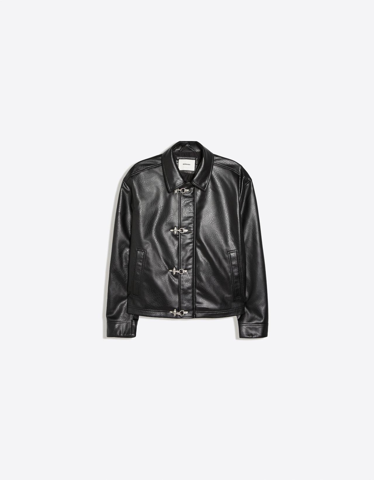 Leather effect jacket with clasps — Black