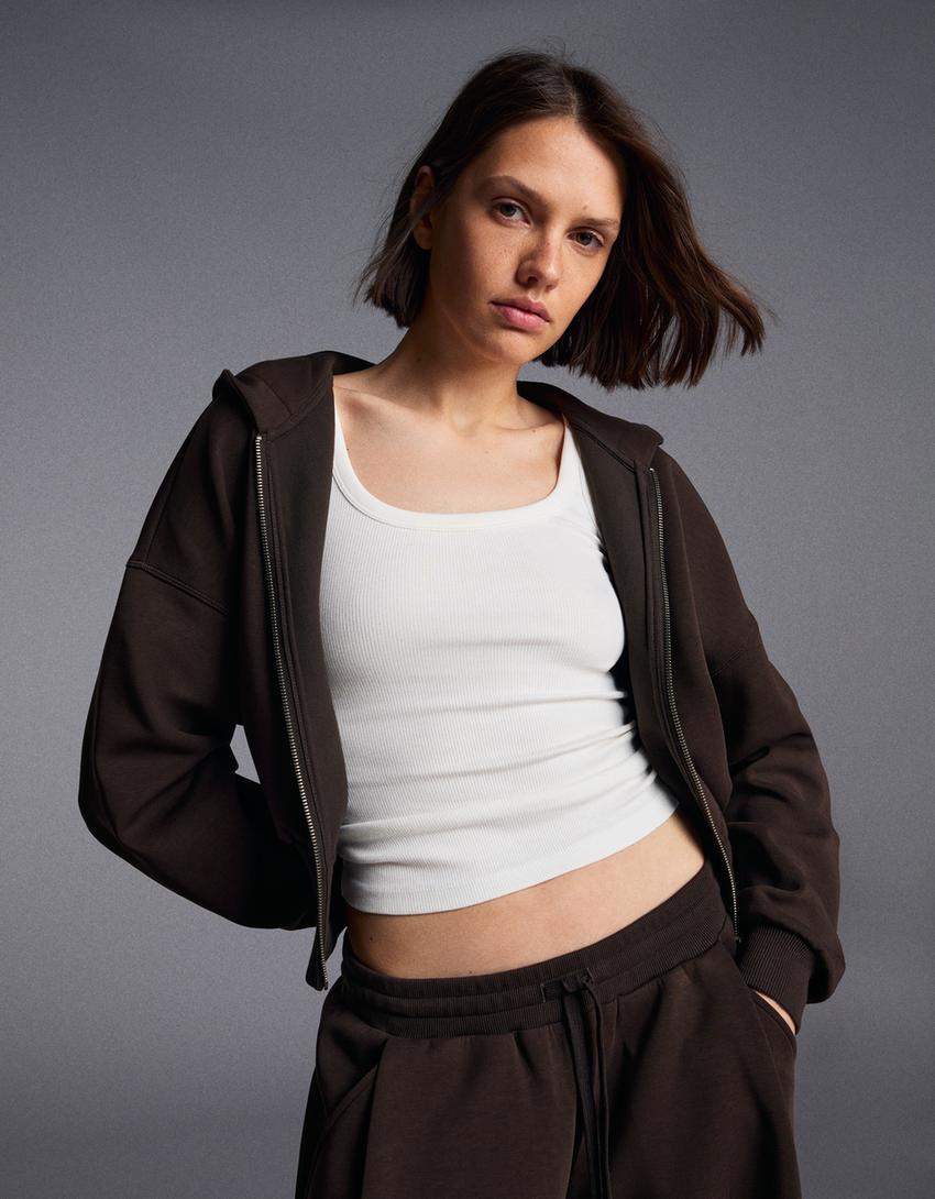 Fermuarlı kapüşonlu sweatshirt-Kahverengi