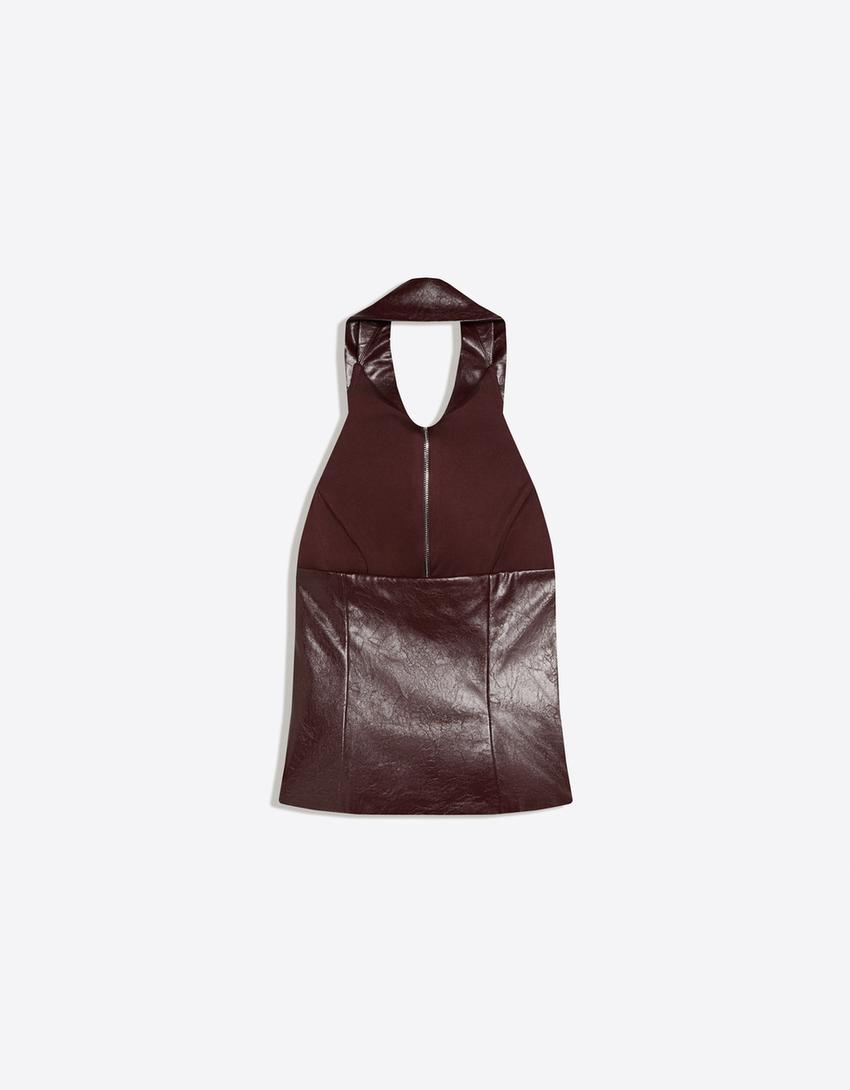 Zip-up halter top-Maroon