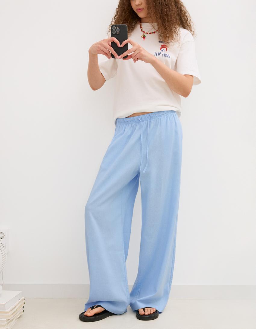 Leinenhose mit Gummibund-Hellblau-0
