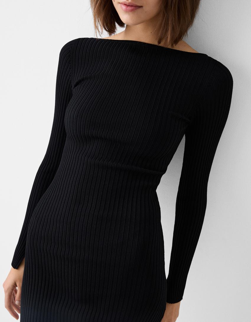 Vestido midi manga comprida malha nervuras-Preto-5