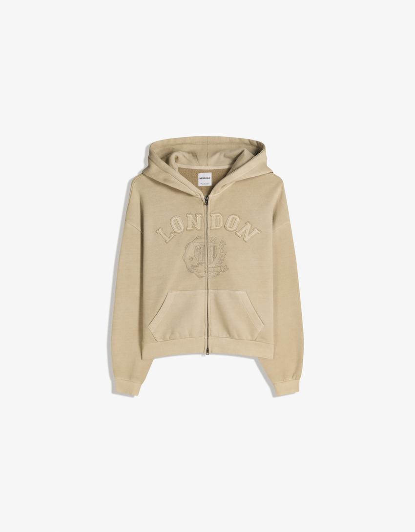 Sudadera cremallera boxy bordado-Arena
