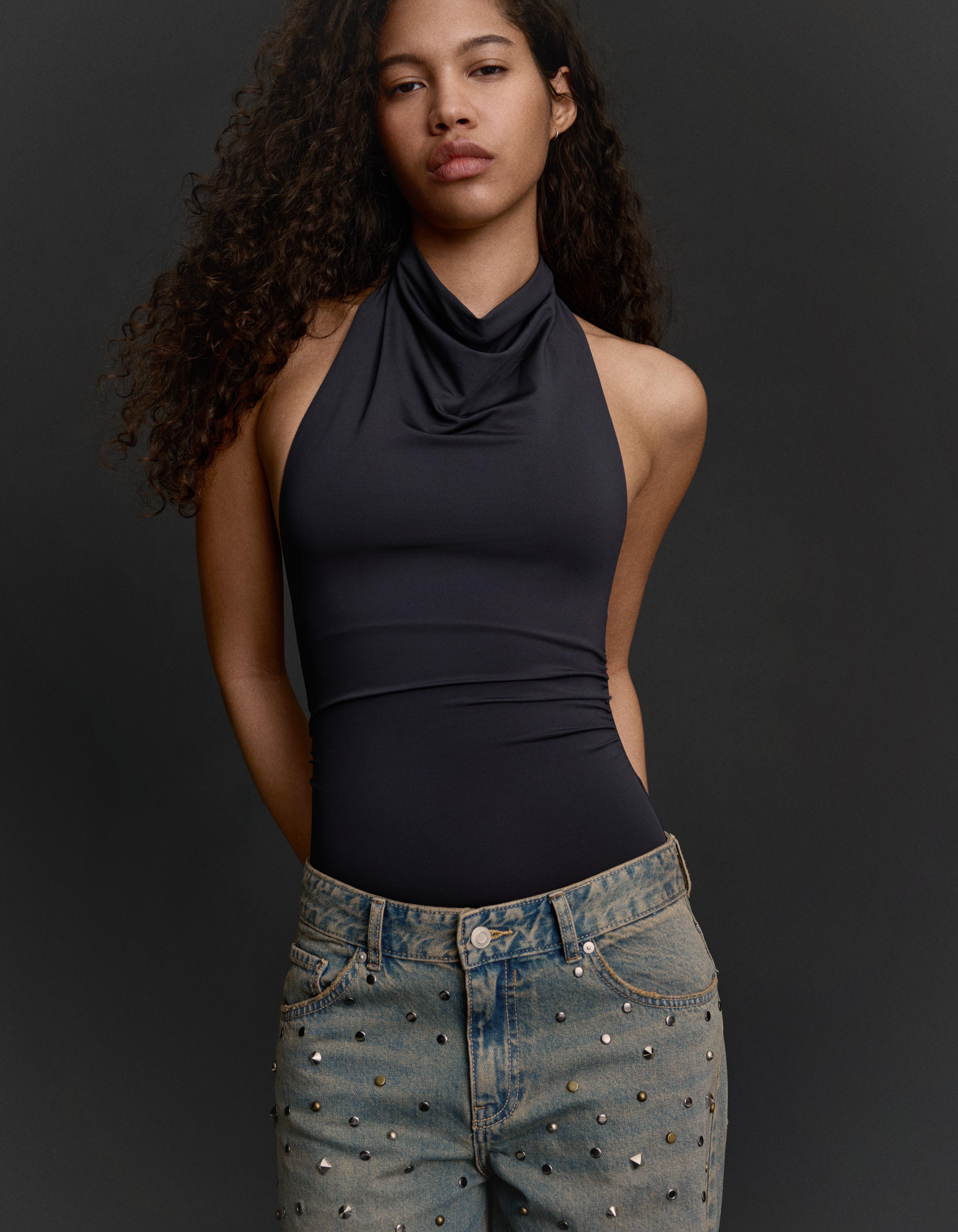 Bershka Neckholder-Body Mit Raffung Damen M Dunkelgrau