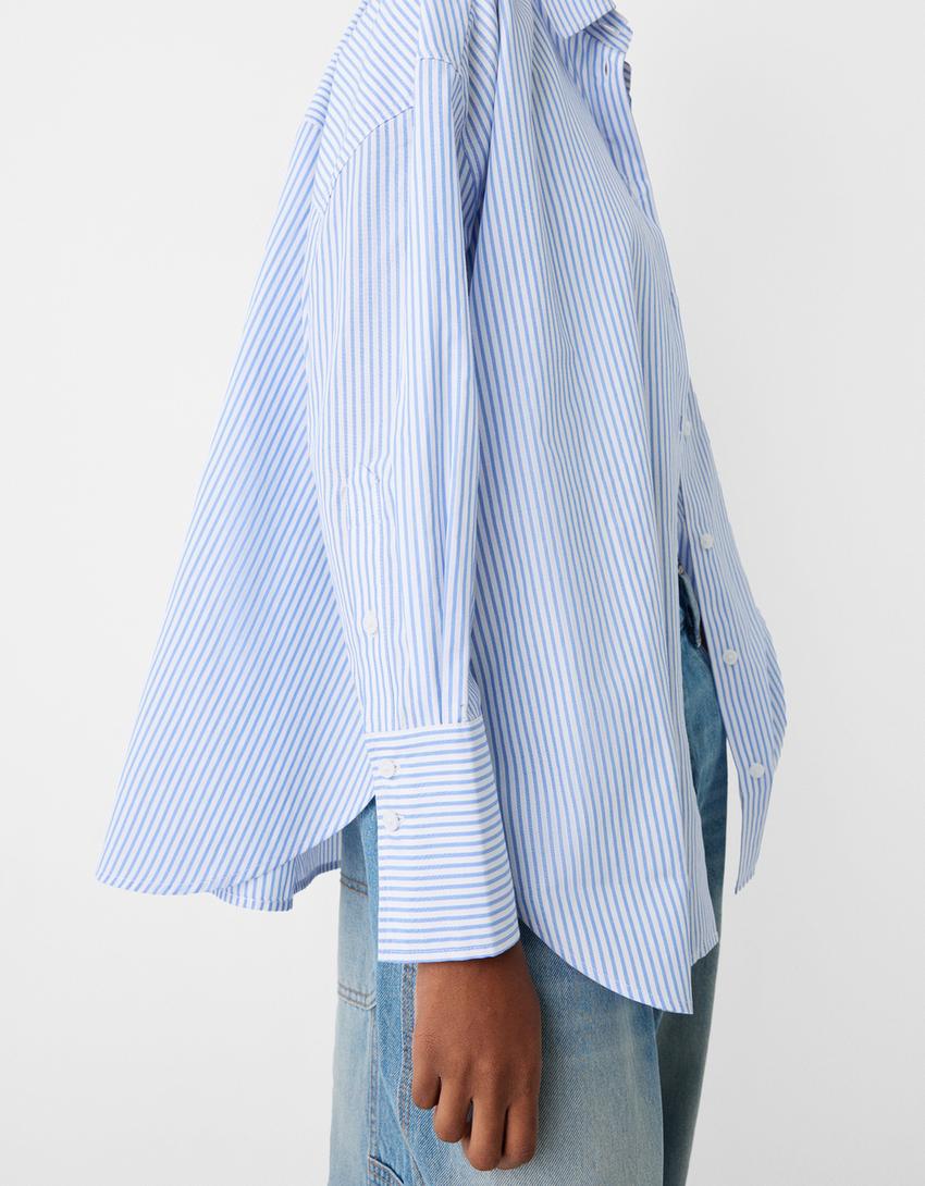 قميص فضفاض مخطط بأكمام طويلة-أزرق فاتح-2