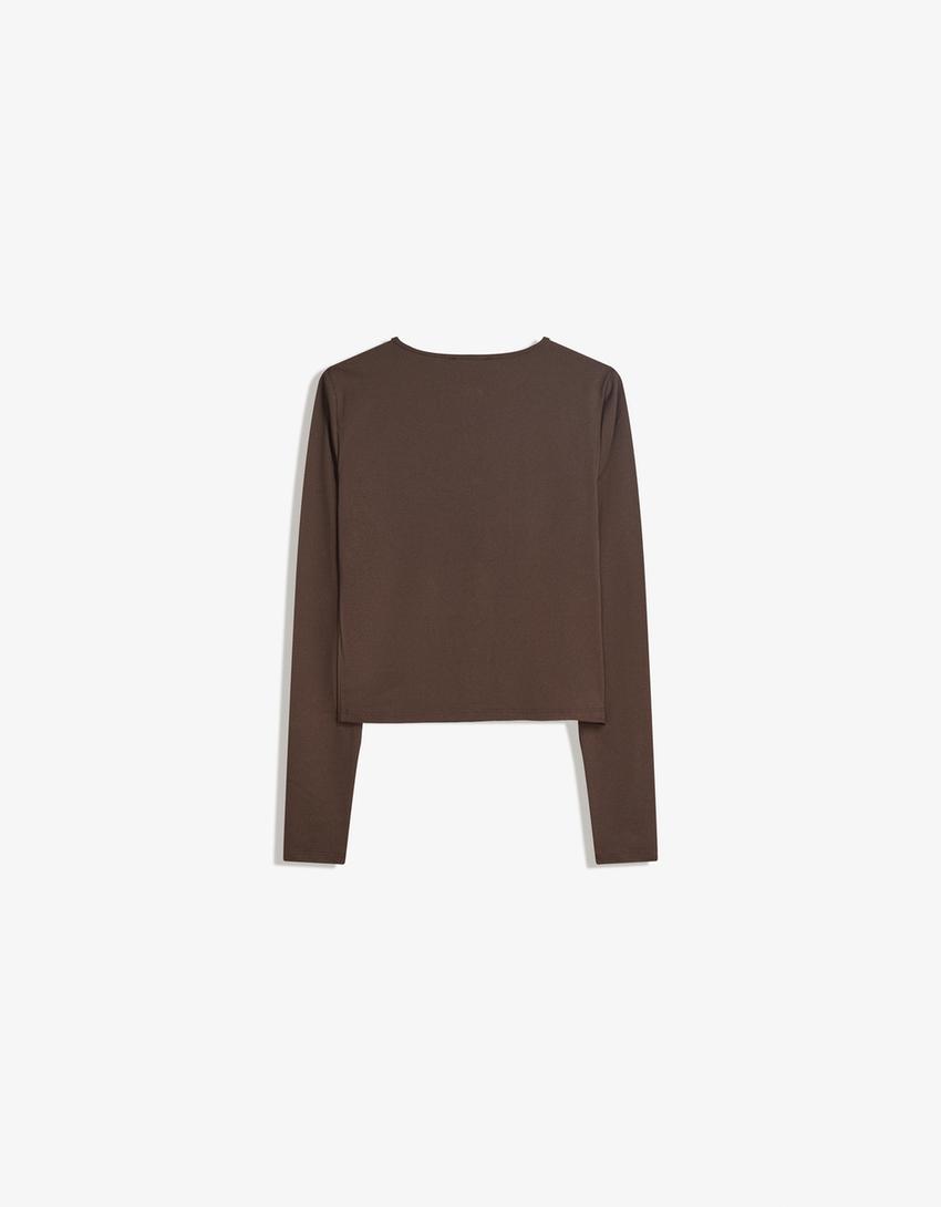 Long sleeve T-shirt with buttons-Brown-4