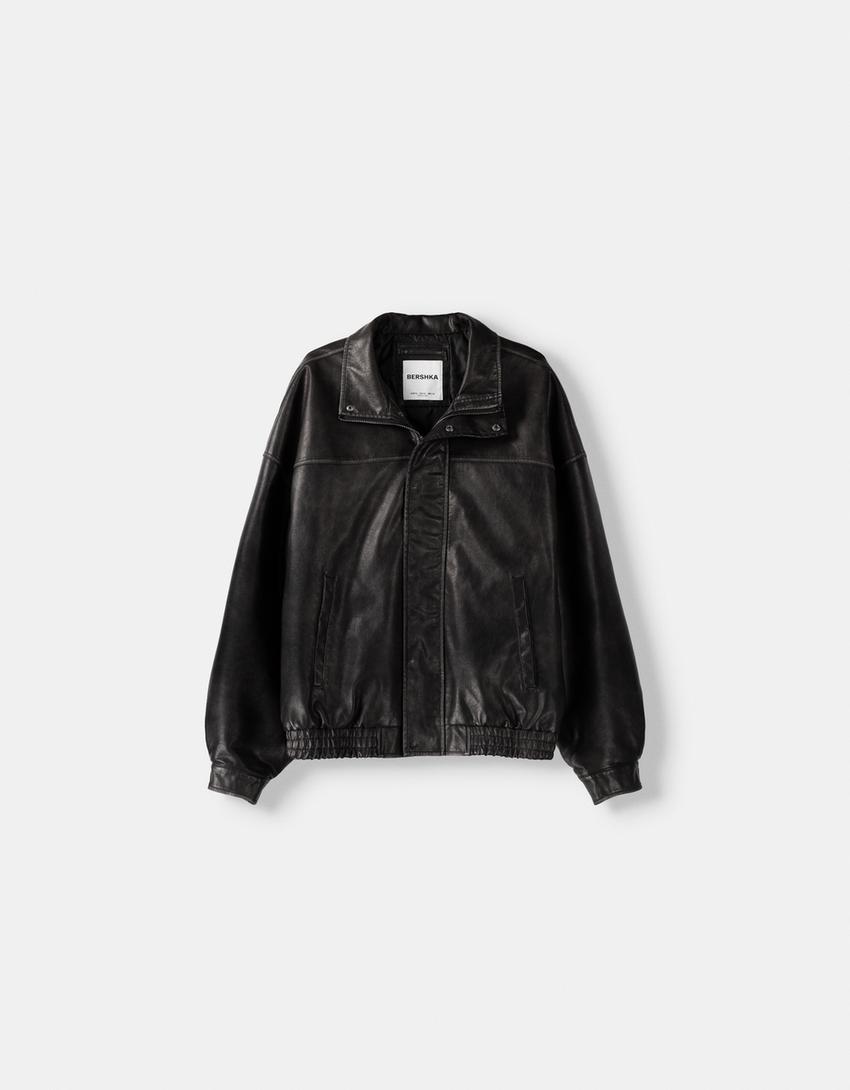 Blouson oversize similicuir effet usé-Noir-4