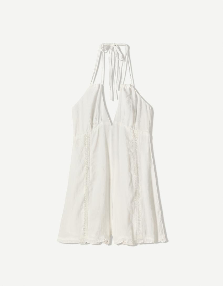 Halter yaka bağcıklı kısa tulum-Kirli beyaz-3