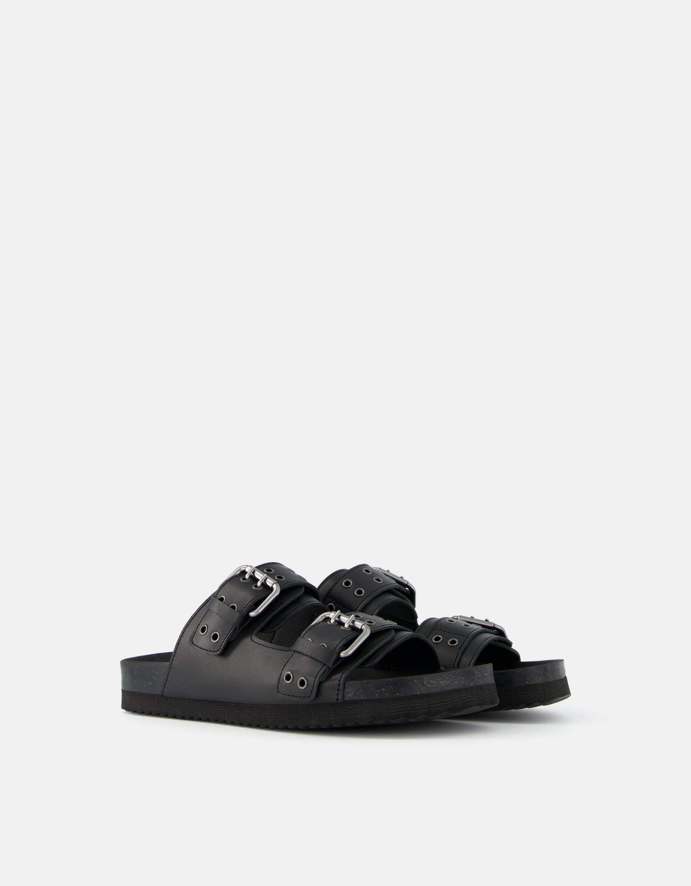 Bershka Flache Sandalen Aus Leder Mit Schnallen Herren 45 Schwarz