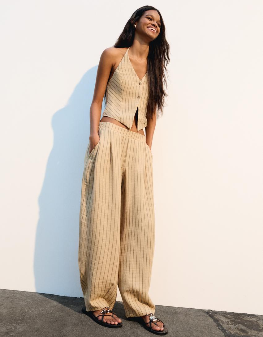 Waistcoat and trousers set with elasticated waistband-Camel-0