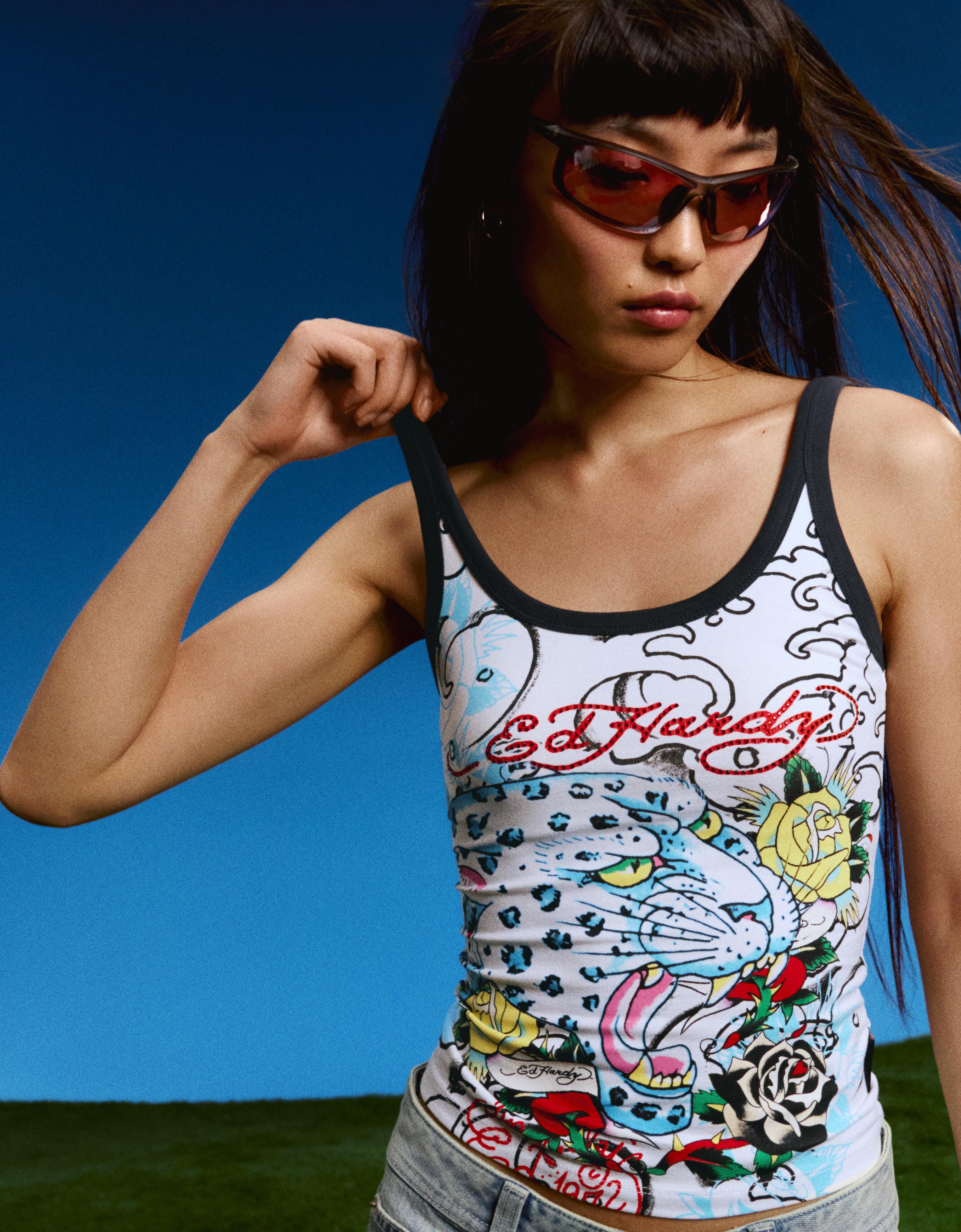 ED HARDY X BERSHKA print vest top — Off white