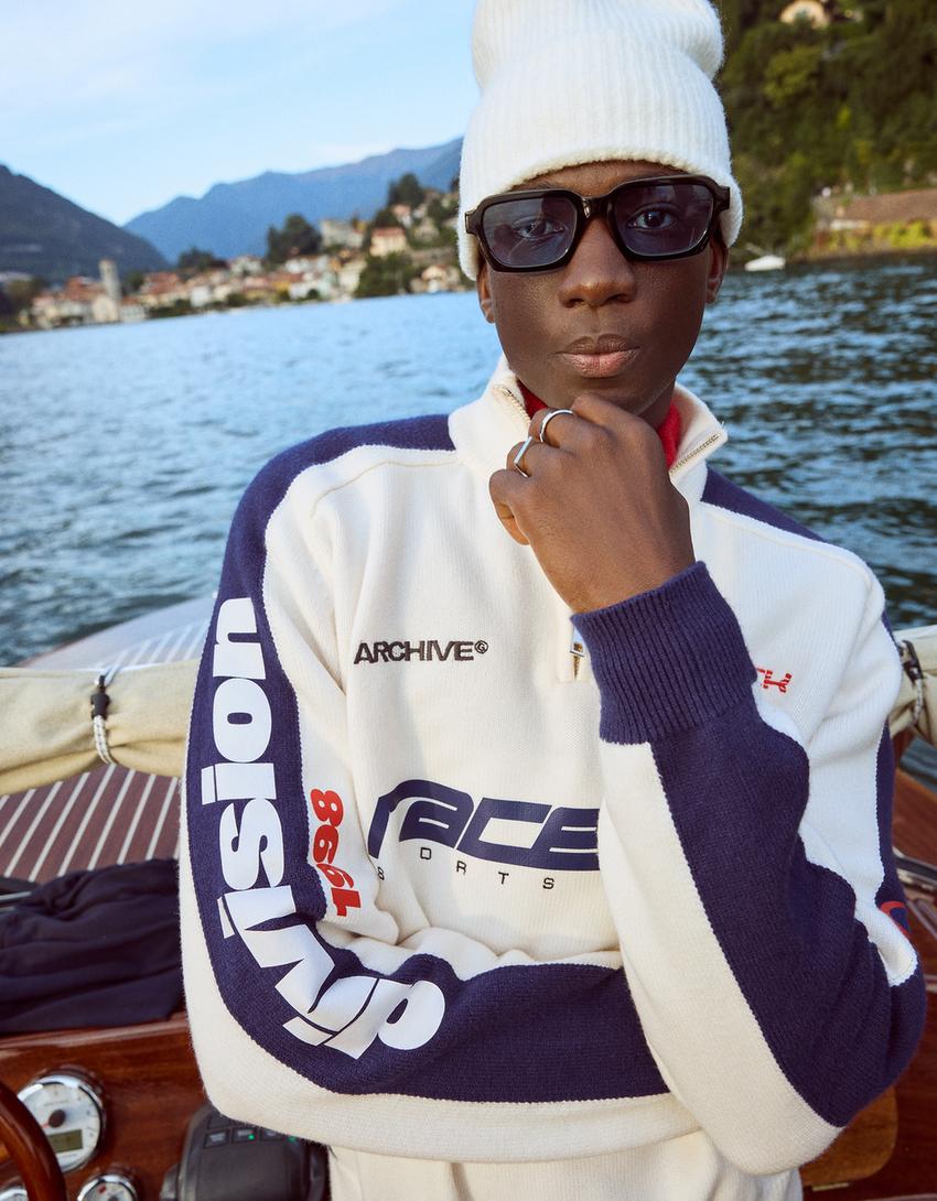 Printed quarter-zip sweater-Off white