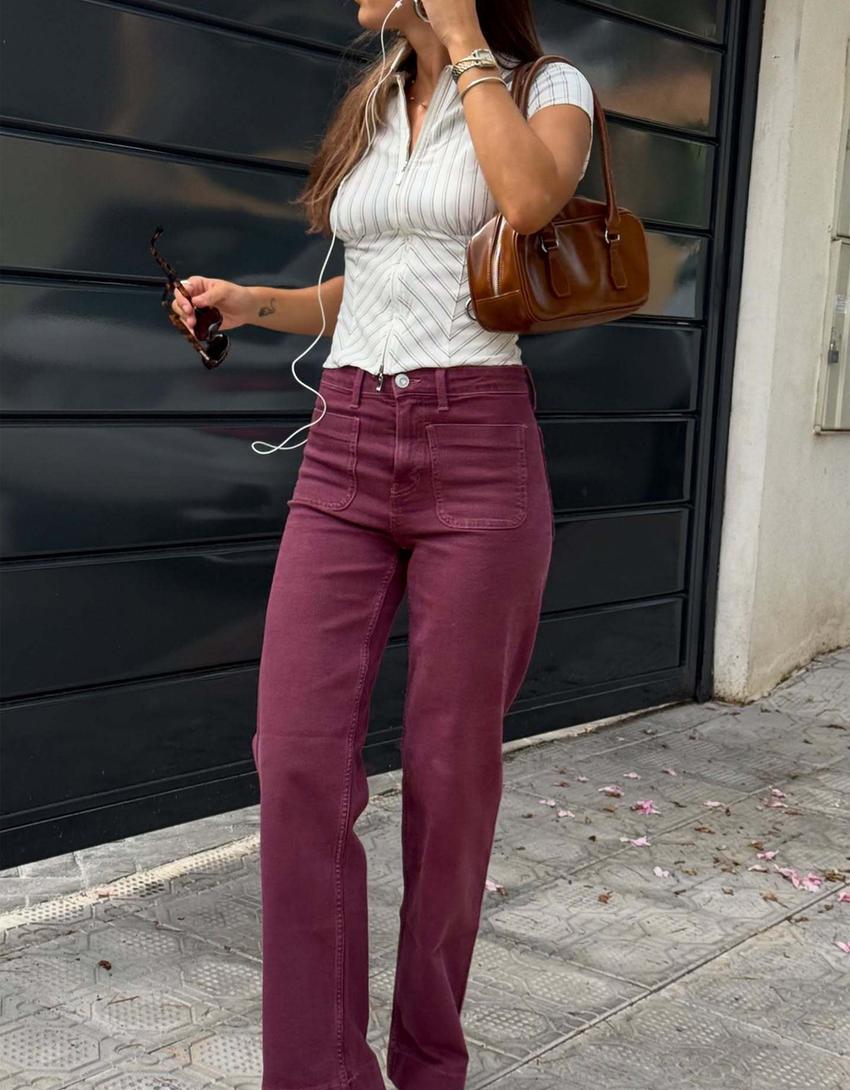 Seamless wide-leg jeans with pockets-Red