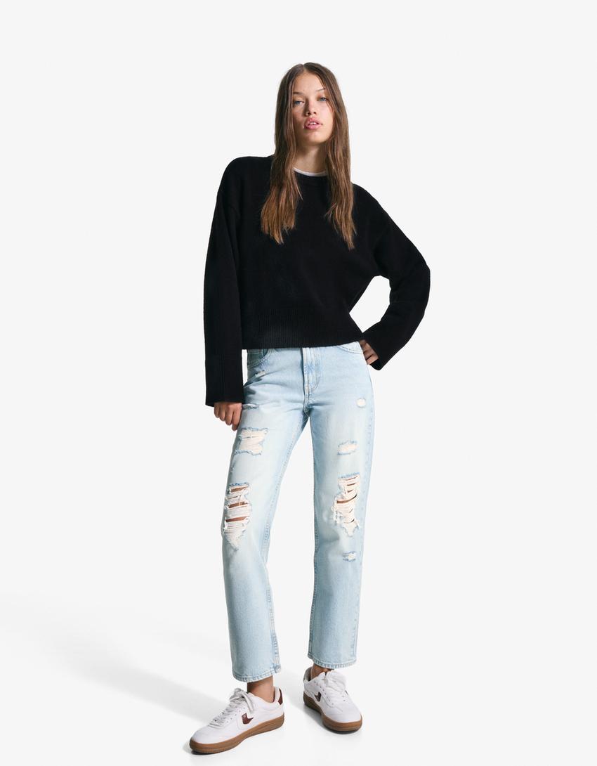 Blugi straight fit cropped rupți-Albastru deschis-0