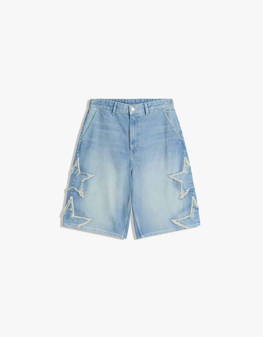 Denim bermuda shorts with patches-Light blue