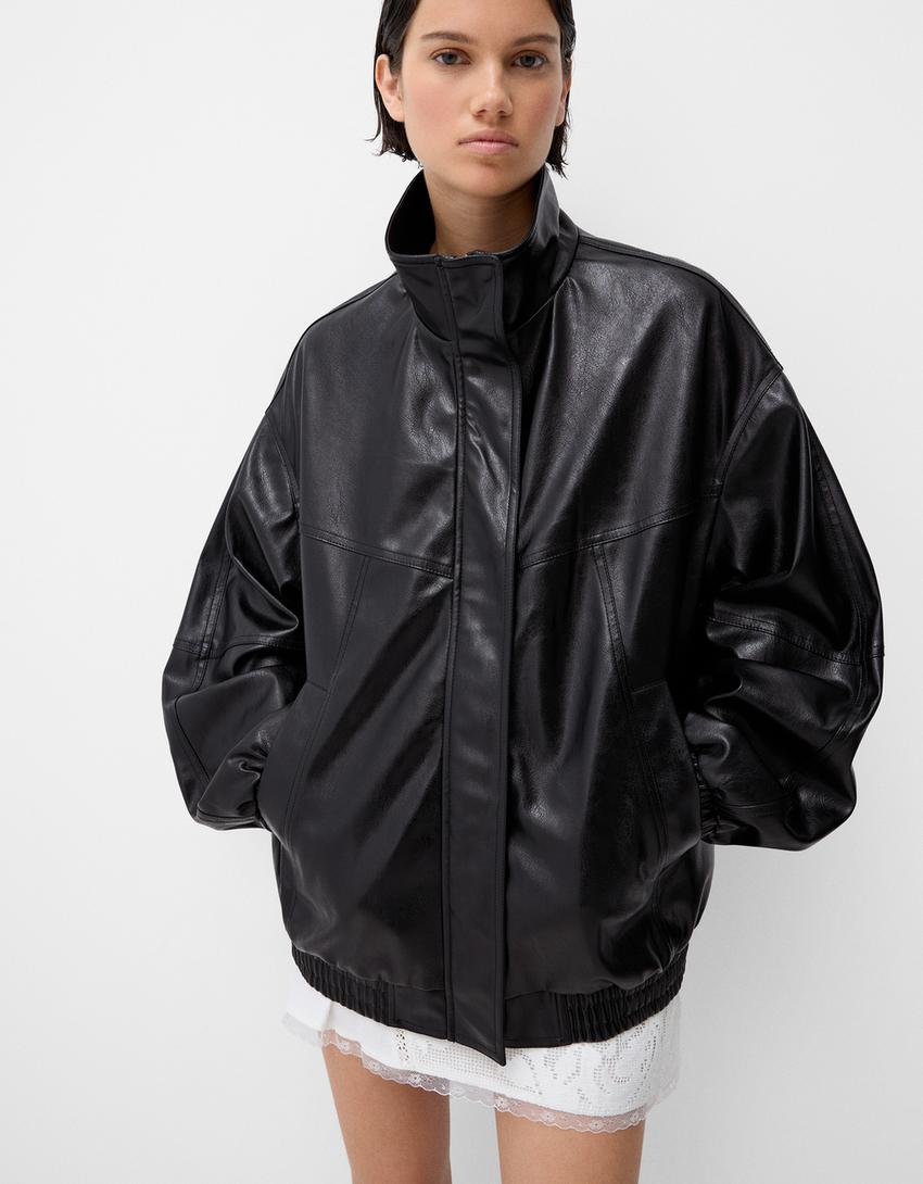Oversize suni deri ceket-Siyah-2