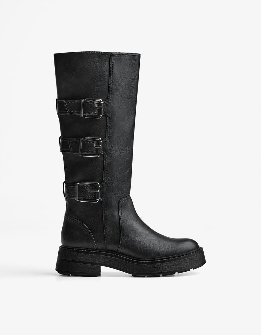 Bota plana hebillas-Negro