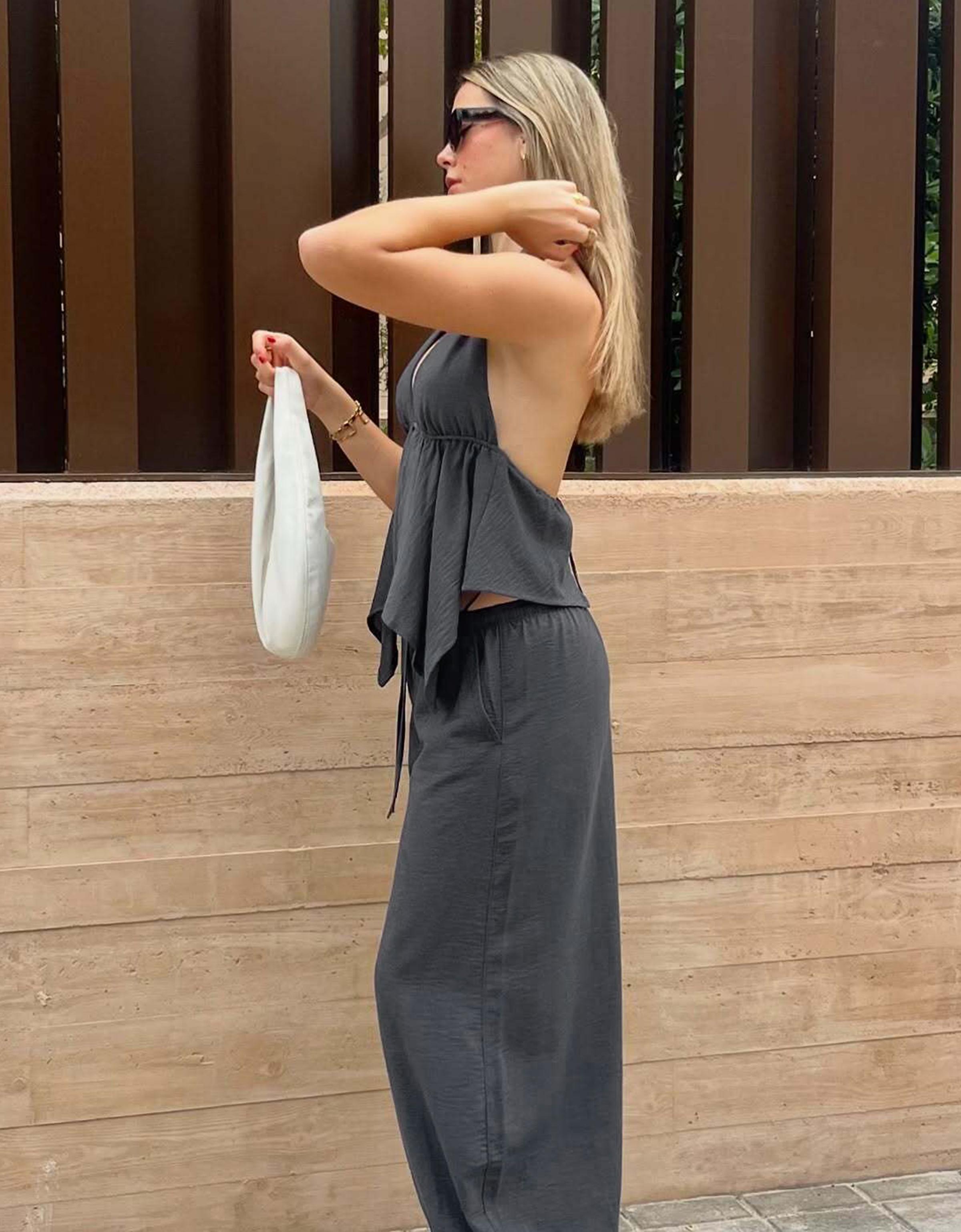 Halter neck tie top — Dark grey