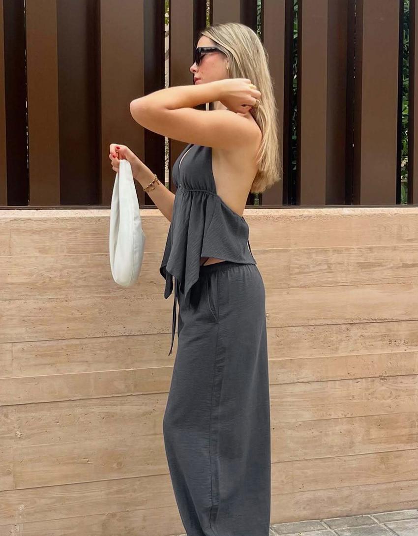 Halter yaka bağlamalı top-Koyu gri