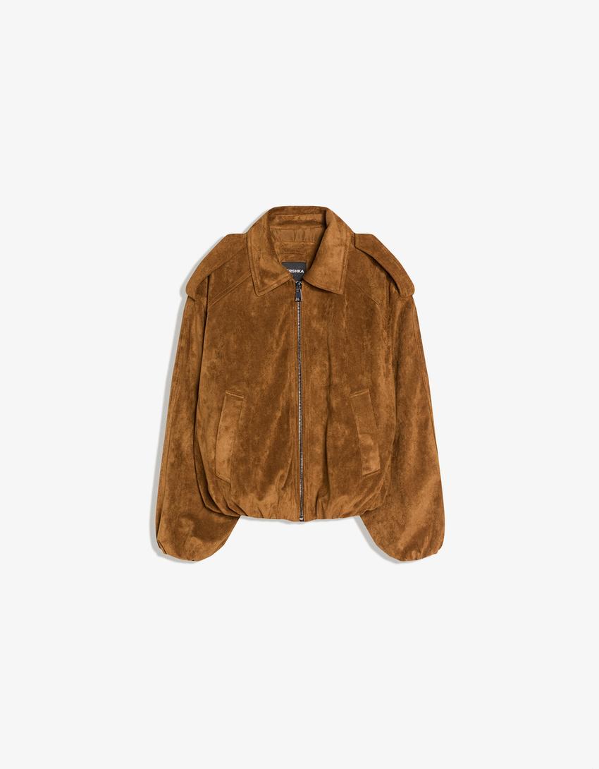 Faux suede balloon jacket-Camel