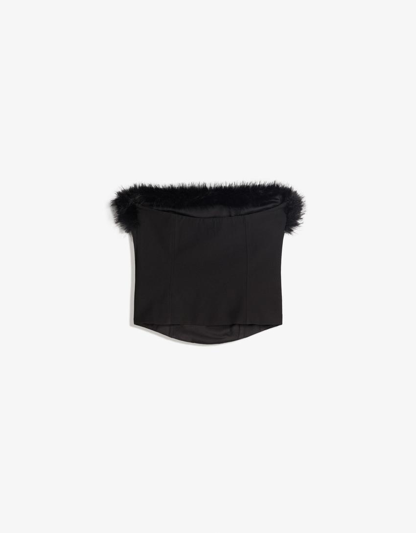 Corsetry-inspired bandeau top with faux fur neckline-Black