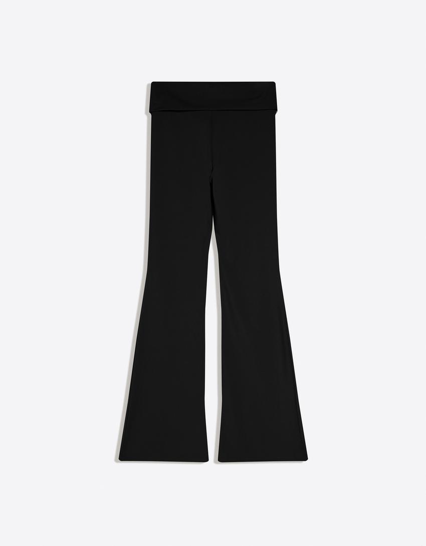 Technical flared trousers with turn-up waist-Black