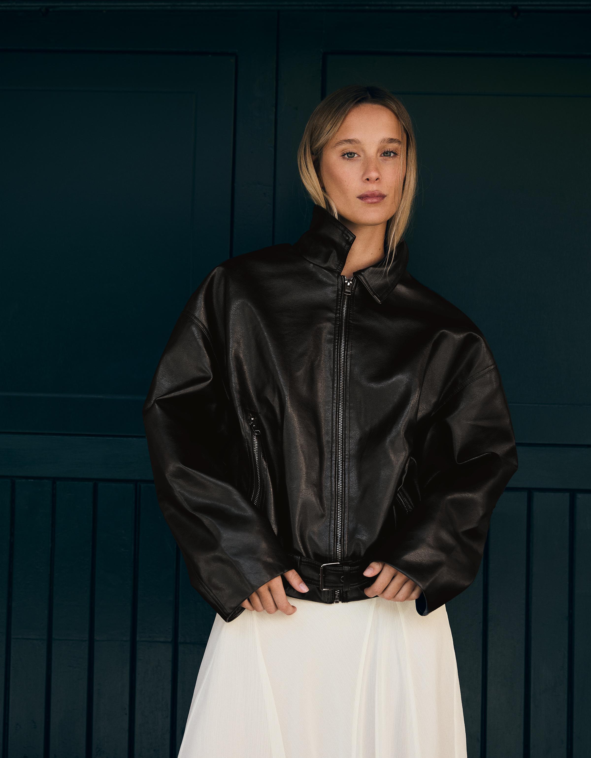 Leather effect bomber jacket with belt — Black