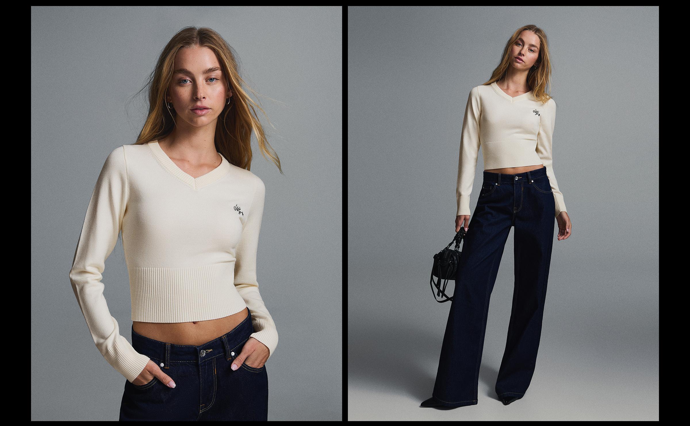Embroidered V-neck jumper — Cream